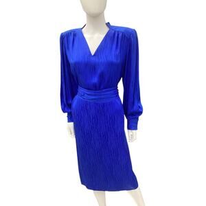 Vintage Francesca Of Damon Dress Women’s Size M 100% Silk Midi Long Sleeve Blue